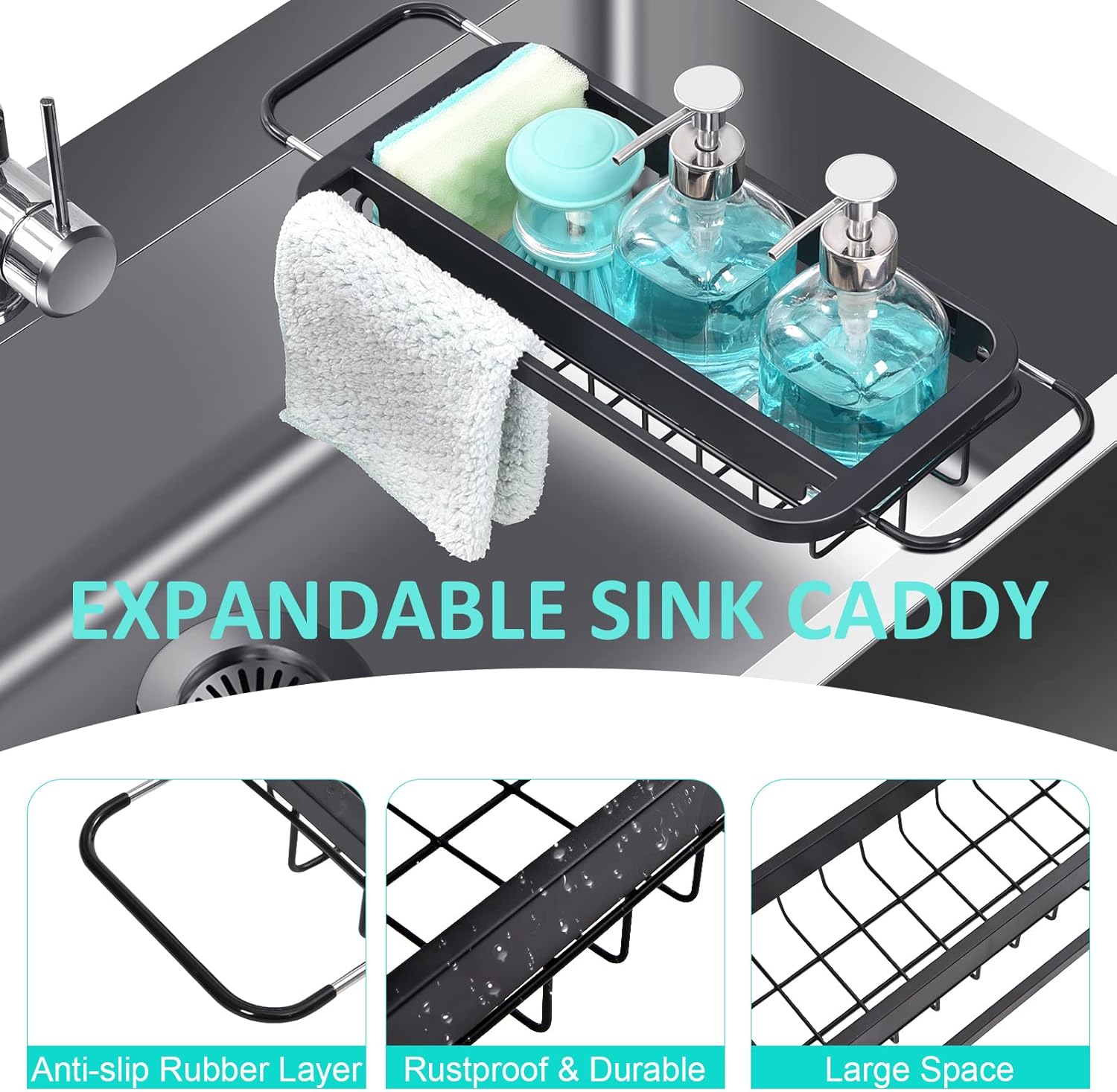 TOOLF Expandable Sink Caddy with Dish Towel Bar